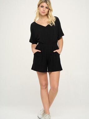 Cherish Black V-Neck Short Sleeve Romper with Pockets
